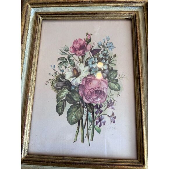 Vintage Italian Silk Flemish School Flowers Frame Art / Set of 2 - Picture 8 of 11